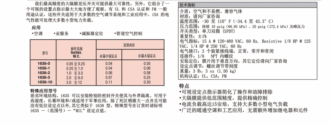 DWYER德威爾 1638系列 大隔膜差壓開關參數(shù)